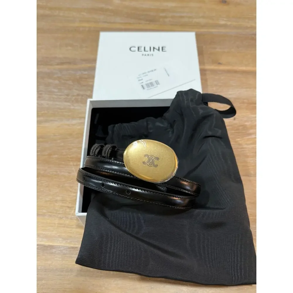CELINE Thin Plate Belt 13mm Black Taurillon Leather Gold Size 85 NIB